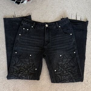 Men's Black Denim Pants with Web Design